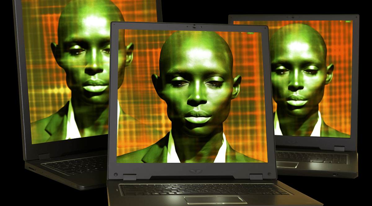 Three laptop screens display the same digitally altered image of a person against a vivid orange grid background. The repetition visually represents how algorithmic systems replicate patterns, reducing individuality in the pursuit of optimisation.